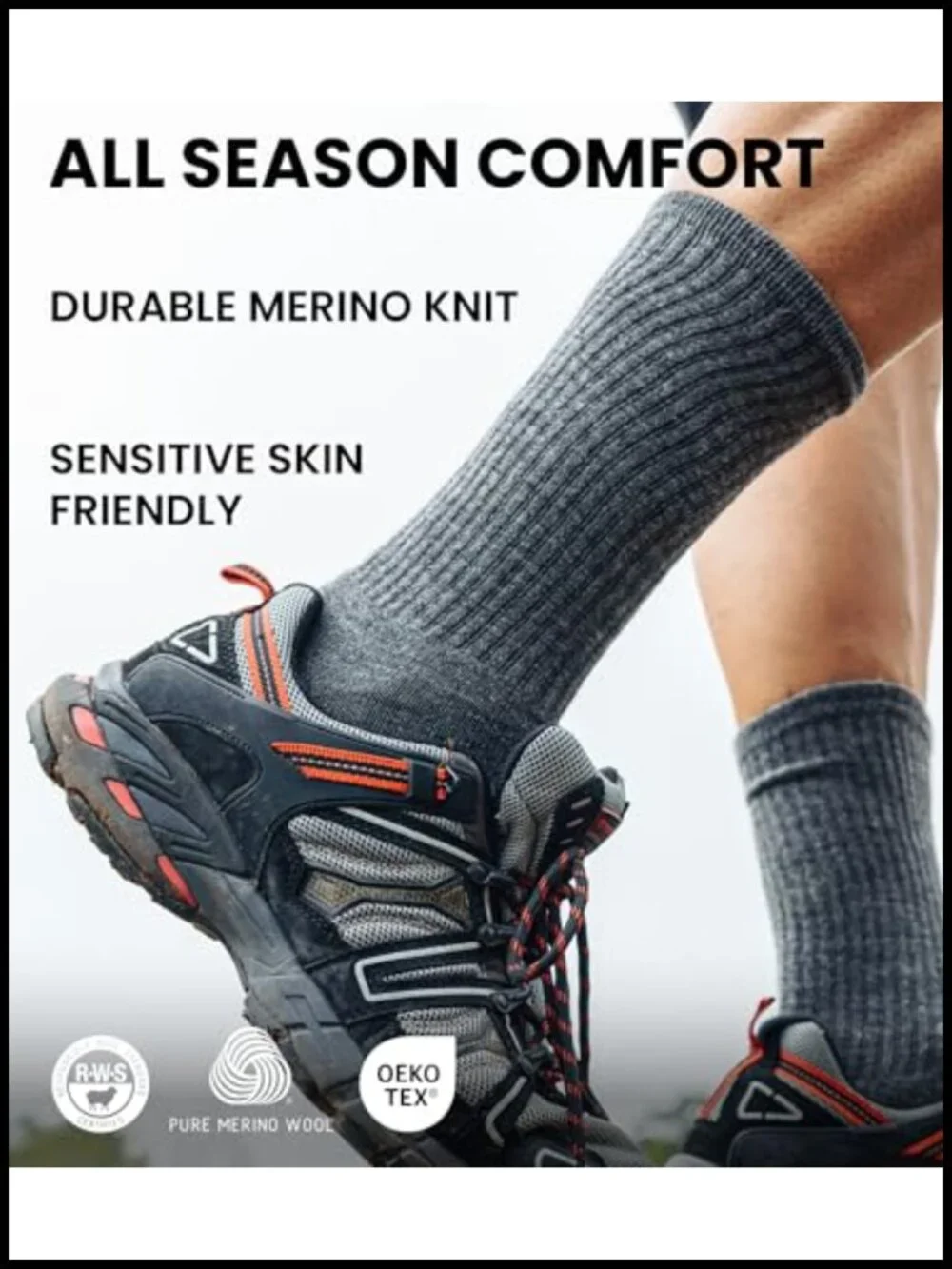Merino Wool Hiking Boot Socks 3-Pack Moisture Wicking Anti-Blister